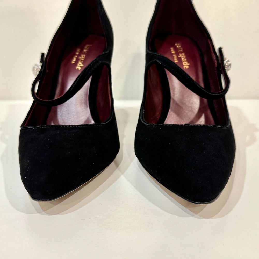 Kate Spade Women's Black Suede with Rhinestone Button Maren Ankle-Strap Pumps - Picture 5 of 11